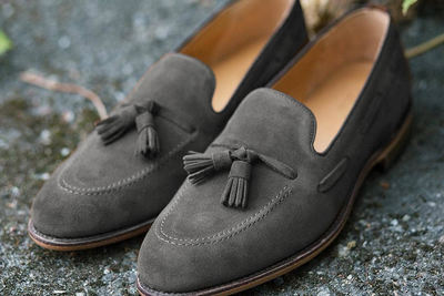 Latest Handmade Men Grey Tassels Loafer Formal Shoes In Genuine Suede 