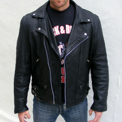 Men's black biker brando style premium leather belted four zipped pockets jacket