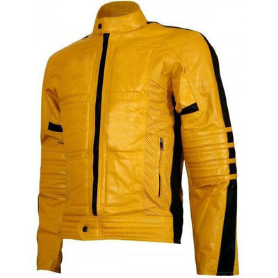 Men yellow color motor biker perforated custom genuine leather safety pad jacket