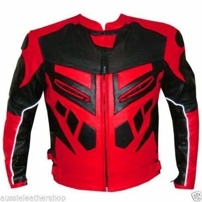 Men's black red contrast motor biker custom genuine leather safety pads jacket