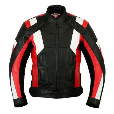 Men three tone red white black motorcycle genuine leather safety pads jacket