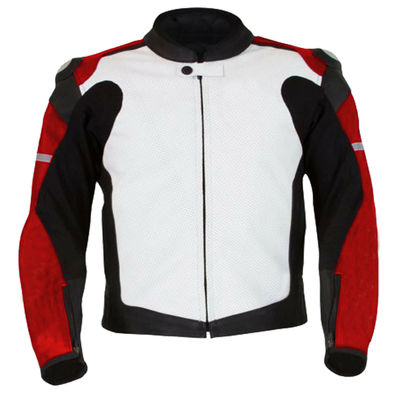 Men Three Tone Black Red White Motorcycle Leather Safety Pads jacket Speed Hump
