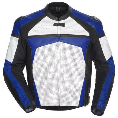 Men three tone black white blue motor bike perforated leather safety pads jacket