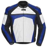 Men Three Tone Black White Blue Motor Bike Perforated Leather Safety Pads Jacket - Thumbnail 1