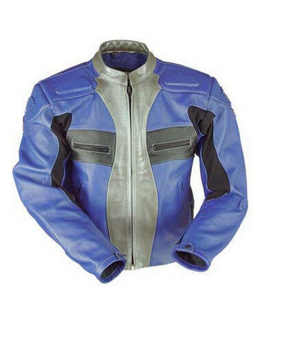 Men Three Tone Blue Gray Black Motor Cycle Genuine Leather Safety Pads Jacket