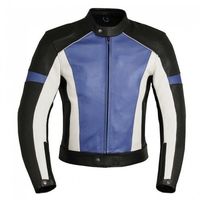Men Three Tone Black White Blue Motor Bike Genuine Leather Safety Pads Jacket - Thumbnail 4