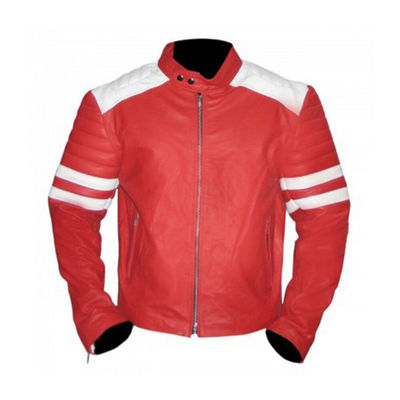 Men peach color biker white stripes quilted arms real leather safety pads jacket