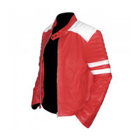 Men Peach Color Biker White Stripes Quilted Arms Real Leather Safety Pads Jacket - Thumbnail 1