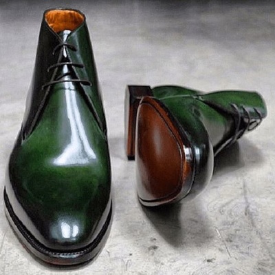New Handmade Men Green Black Tone Leather Chukka Lace Up Boot