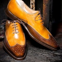 Men Handmade Classic Tan Brown Wing Tip Lace Up Formal Dress Leather Shoes - Thumbnail 1