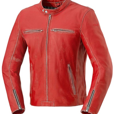 Men red color motorcycle tab collar front zipper real leather safety pads jacket