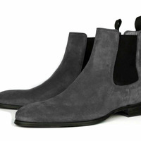 New Handmade Chelsea Men's Gray Suede Boots, Chelsea Ankle Boots - Thumbnail 4