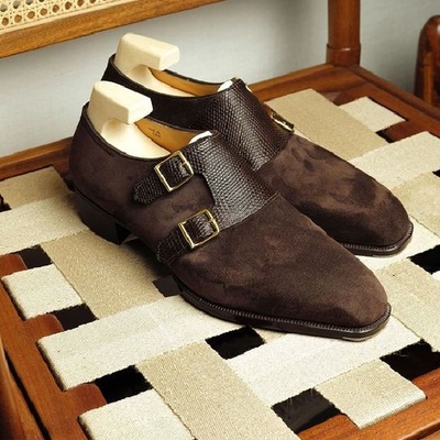 New handmade men brown leather & brown suede monk strap shoes for men's
