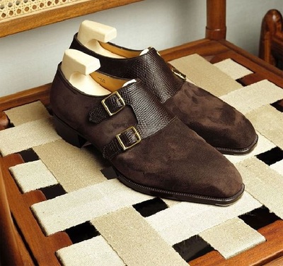 New Handmade Men Brown Leather & Brown Suede Monk Strap Shoes for Men's