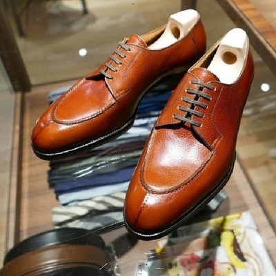 Men handmade tan brown leather lace up shoes