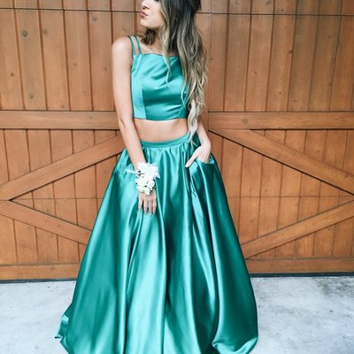 Spaghetti straps two pieces long prom dresses,2 piece satin evening prom gowns,high quality cheap formal women dresses