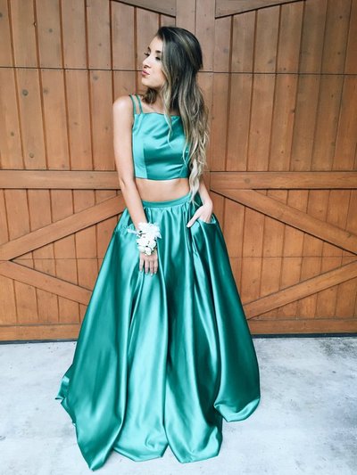 Spaghetti Straps Two Pieces Long Prom Dresses,2 Piece Satin Evening Prom Gowns,High Quality Cheap Formal Women Dresses