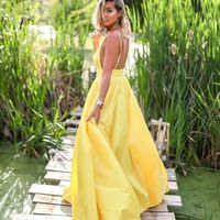 Cute Yellow Satin Ball Gown Prom Dress, V Neck Prom Gowns with Pockets - Thumbnail 1