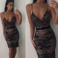 Solid Color Sequined V-Neck Sling Sexy Backless Dress - Thumbnail 2