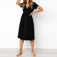 V-Neck Button Pocket Short-Sleeved Dress - Thumbnail 1