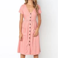 V-Neck Button Pocket Short-Sleeved Dress - Thumbnail 2