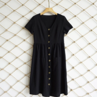 V-Neck Button Pocket Short-Sleeved Dress - Thumbnail 3