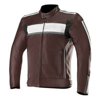 Men's Black Maroon Cont White Striped Motorcycle Real Leather Safety Pads Jacket - Thumbnail 1