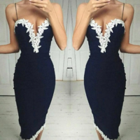 Dark Blue Floral Detail Midi Dress - Thumbnail 1