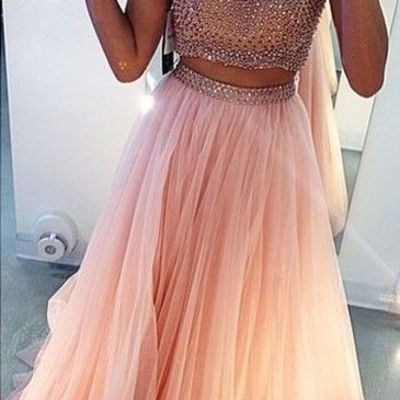 Two pieces prom dresses ball gown high neck with rhinestones 2 pieces pink tulle prom dress custom made evening gowns woman dresses