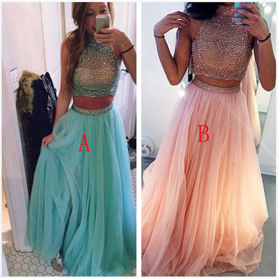 Two Pieces Prom Dresses Ball Gown High Neck With Rhinestones 2 Pieces Pink Tulle Prom Dress Custom Made Evening Gowns Woman Dresses