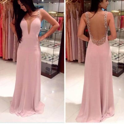 Pink prom dresses,deep v neck long prom dress see through back chiffon evening gowns custom made sexy prom gowns