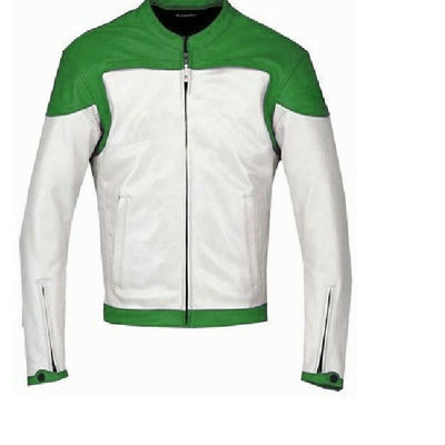 Men white & green contrast motor biker custom genuine leather safety pad jacket