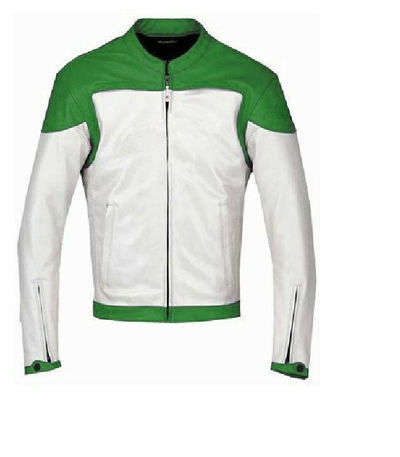 Men White & Green Contrast Motor Biker Custom Genuine Leather Safety Pad Jacket