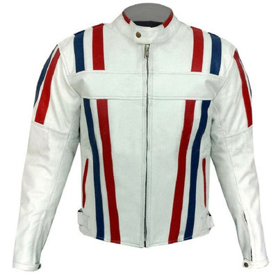 Men white motorcycle red blue striped handmade genuine leather safety pad jacket