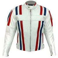 Men White Motorcycle Red Blue Striped Handmade Genuine Leather Safety Pad jacket - Thumbnail 4