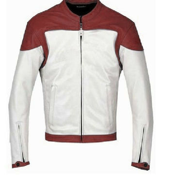 Men white & maroon contrast motor biker custom genuine leather safety pad jacket