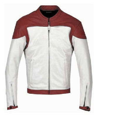 Men White & Maroon Contrast Motor Biker Custom Genuine Leather Safety Pad Jacket