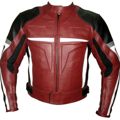 Men maroon black motor biker white stripes genuine leather safety pads jacket