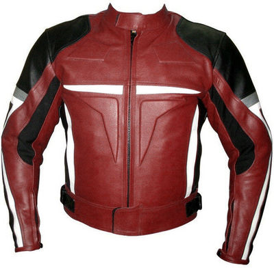 Men Maroon Black Motor Biker White Stripes Genuine Leather Safety Pads Jacket
