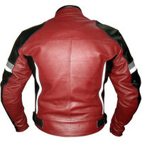 Men Maroon Black Motor Biker White Stripes Genuine Leather Safety Pads Jacket - Thumbnail 1