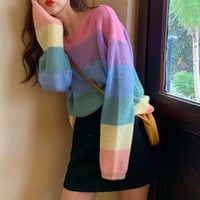 Rainbow Pastel Color Block Stripe Knit Top - Thumbnail 3