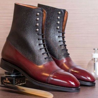 New handmade burgundy calf & genuine dark brown cow leather ankle boot for men's - Thumbnail 1
