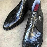 Handmade men black monk strap boots, men textured crocodile boot, leather boots - Thumbnail 1