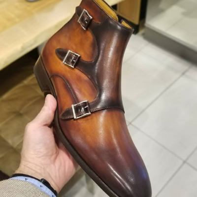 Handmade men's chelsea square toe triple monk strap ankle dress leather boots - Thumbnail 2