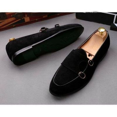 Handmade men black double monk shoes, men dress leather shoes, loafer shoes mens