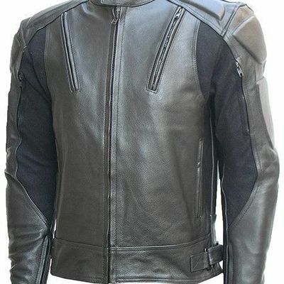 Men grey motor biker front zipper handmade genuine leather safety pads jacket
