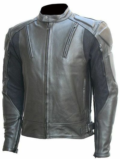 Men Grey Motor Biker Front Zipper Handmade Genuine Leather Safety Pads Jacket