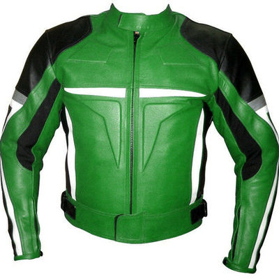 Men green black motor cycle hand stitched genuine leather safety pads jacket