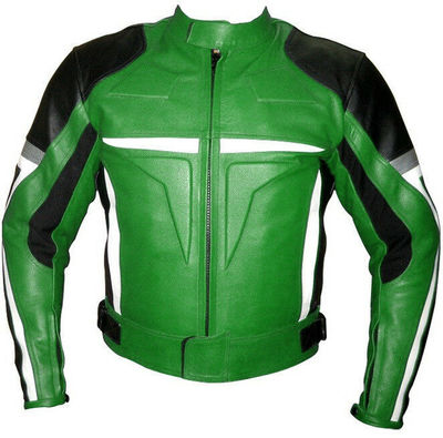 Men Green Black Motor Cycle Hand Stitched Genuine Leather Safety Pads Jacket