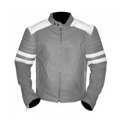 Men Gray Motor Biker White Lines Quilted Arms Genuine Leather Safety Pads Jacket